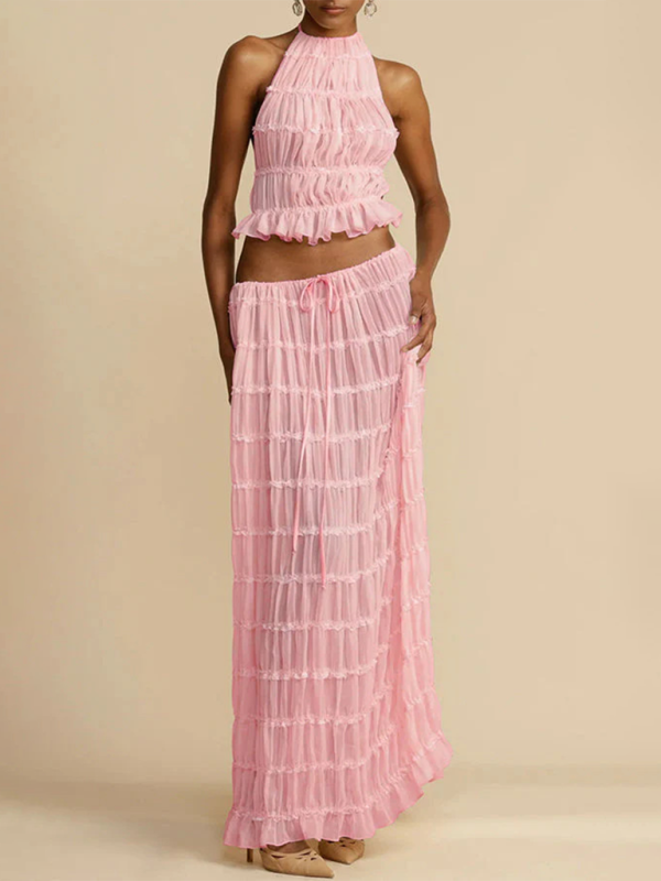 Backless lace-up halter top set and two-piece chiffon pleated long skirt with earrings.