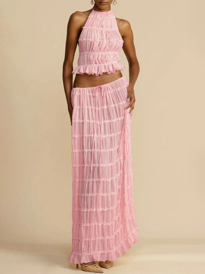 Backless lace-up halter top set and two-piece chiffon pleated long skirt with earrings.