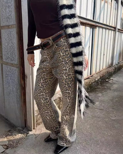 Retro leopard print wide-leg jeans