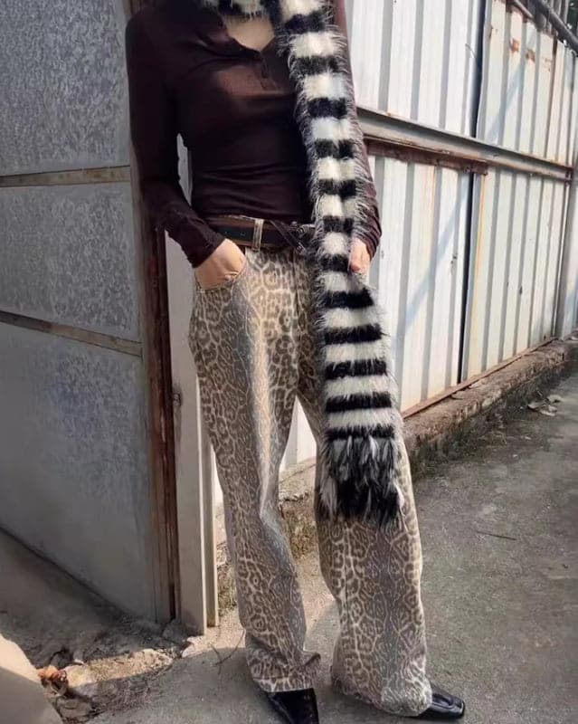 Retro leopard print wide-leg jeans