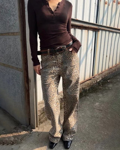 Retro leopard print wide-leg jeans