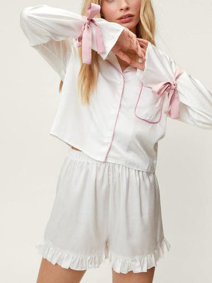 New style lapel long-sleeved shorts that can be worn as home clothes and pajamas two-piece set.