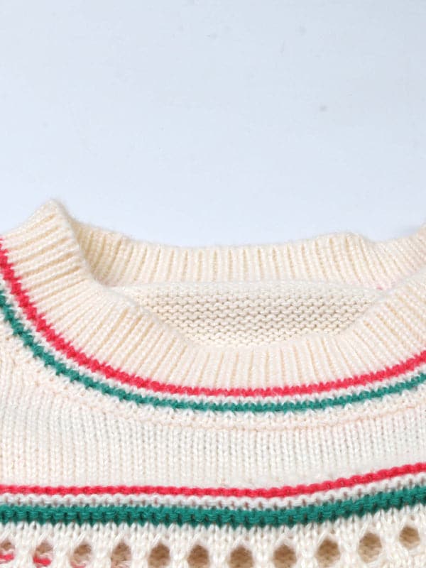 Fashionable and sweet crocheted hollow sweater top with contrasting stripes.