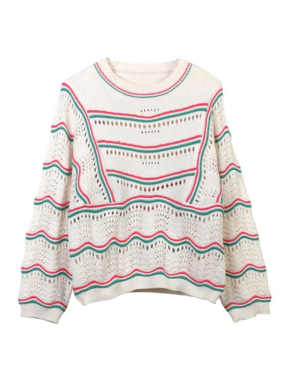 Fashionable and sweet crocheted hollow sweater top with contrasting stripes.