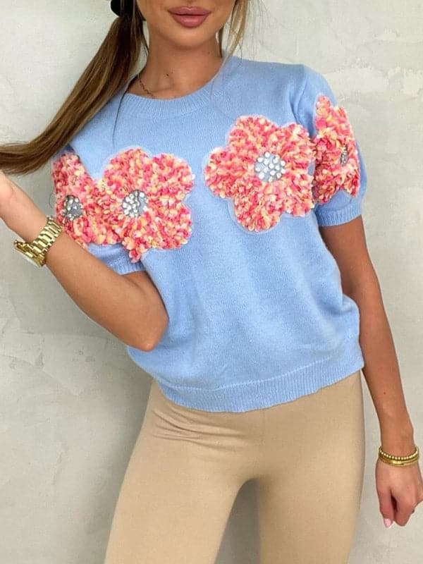 Chic pink floral short sleeve sweater