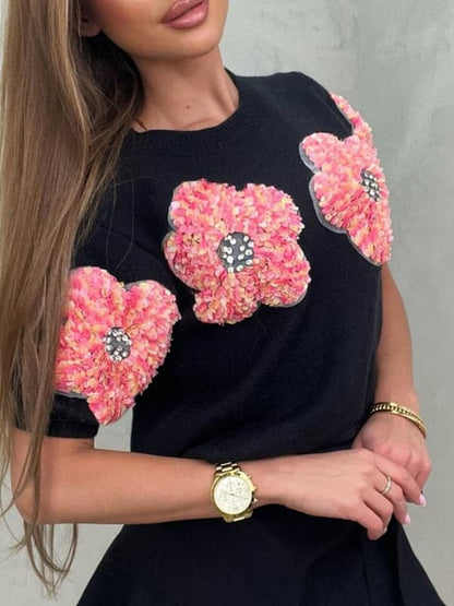 Chic pink floral short sleeve sweater