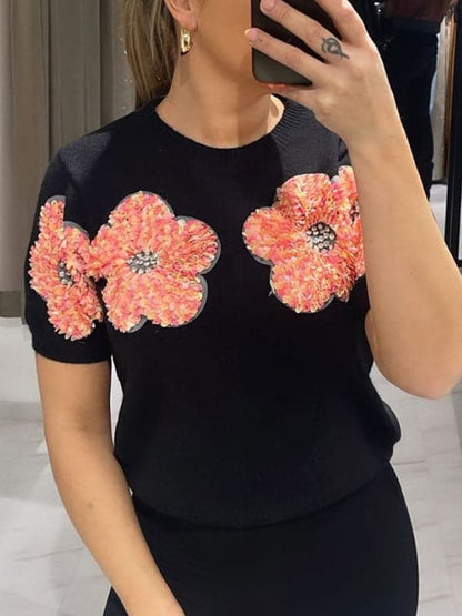 Chic pink floral short sleeve sweater