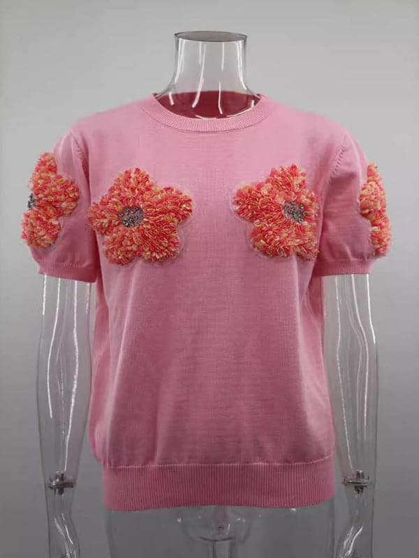 Chic pink floral short sleeve sweater