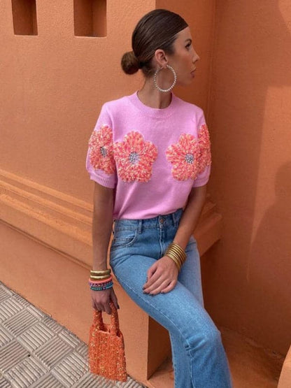 Chic pink floral short sleeve sweater