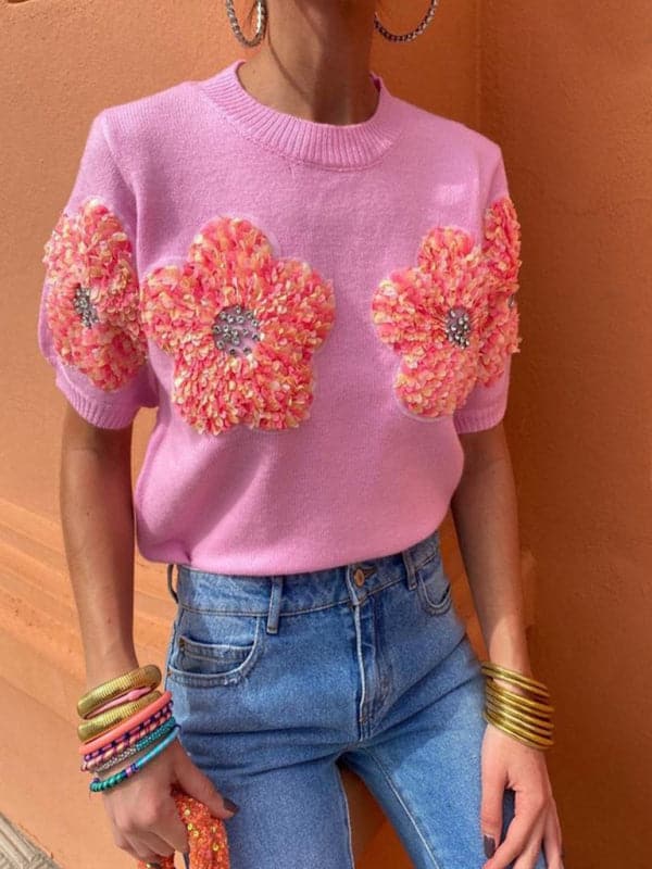 Chic pink floral short sleeve sweater