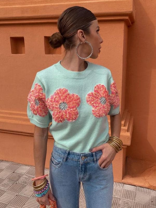 Chic pink floral short sleeve sweater