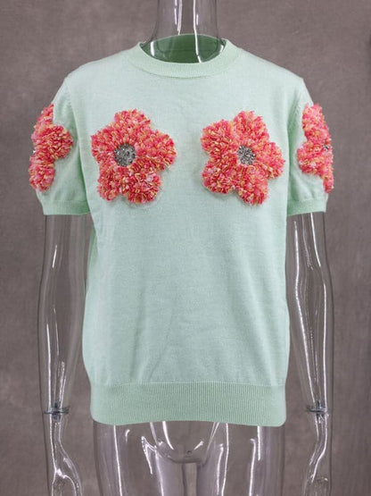 Chic pink floral short sleeve sweater