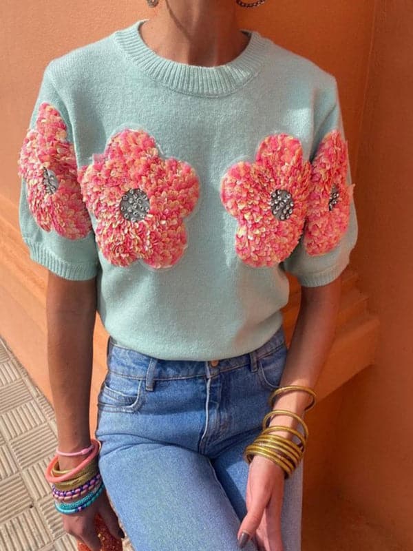 Chic pink floral short sleeve sweater