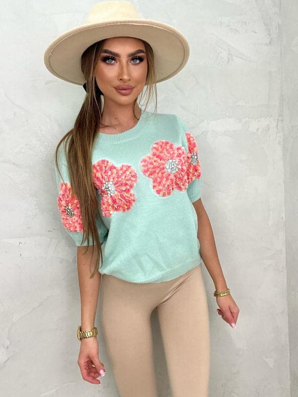 Chic pink floral short sleeve sweater