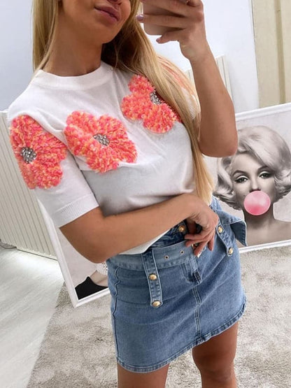 Chic pink floral short sleeve sweater