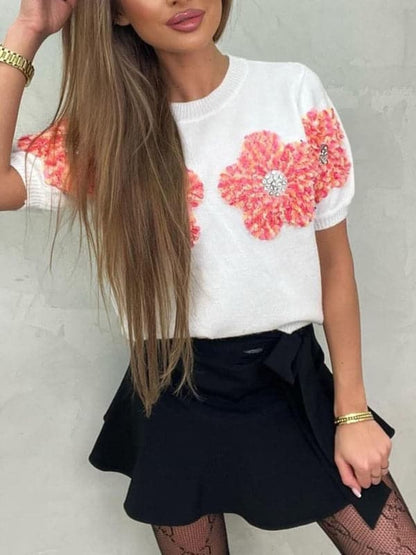 Chic pink floral short sleeve sweater