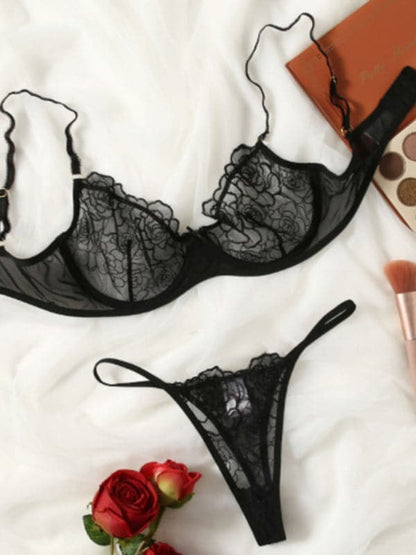 New temptation three-point thin hollow bra sexy underwear set.