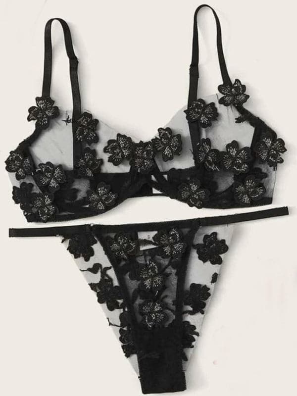 New sexy and sweet mesh embroidered flower appliqué bra set.