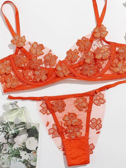 New sexy and sweet mesh embroidered flower appliqué bra set.