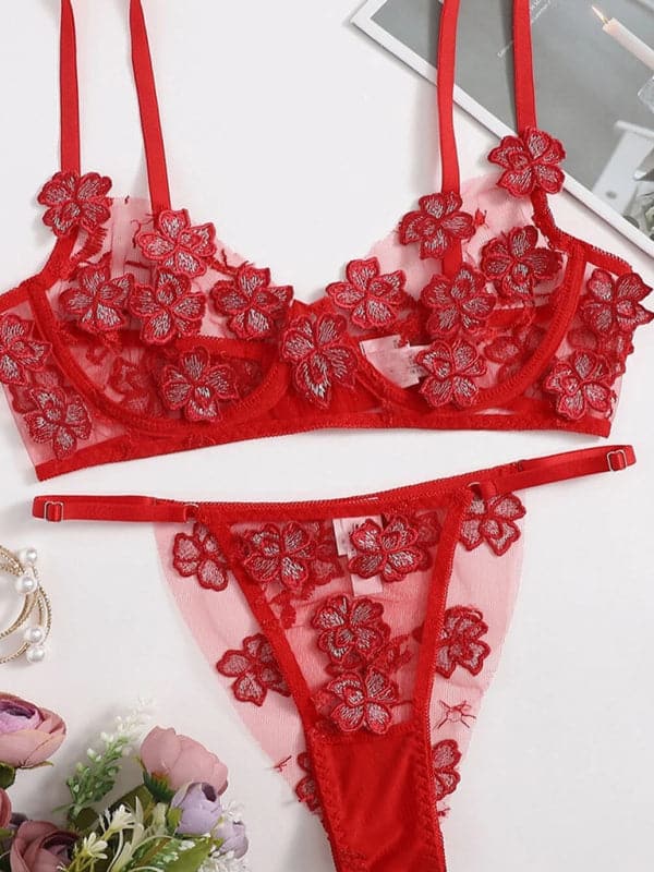 New sexy and sweet mesh embroidered flower appliqué bra set.