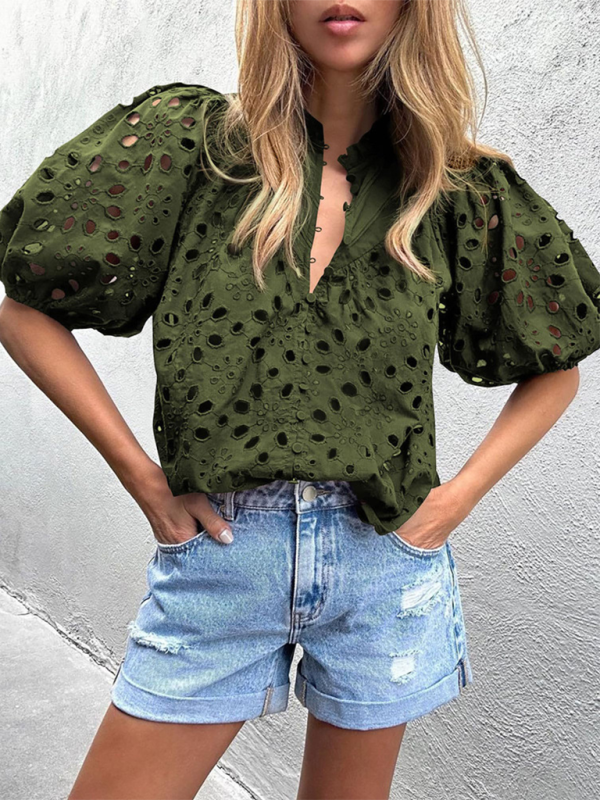 Women’s Puff Sleeve Shirt - Embroidered