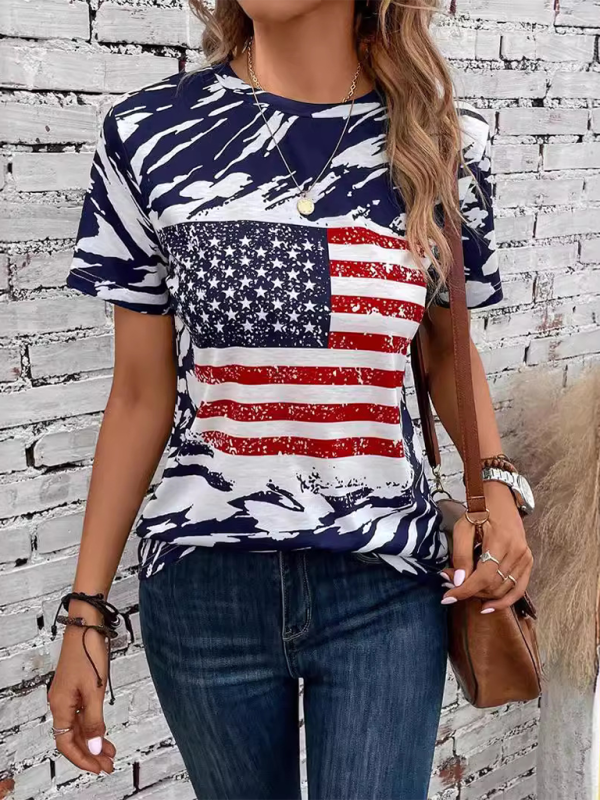 New American Independence Day Women's Flag Printed Round Neck Casual Short Sleeve T-Shirt.