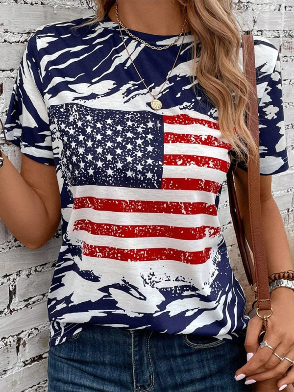 New American Independence Day Women's Flag Printed Round Neck Casual Short Sleeve T-Shirt.