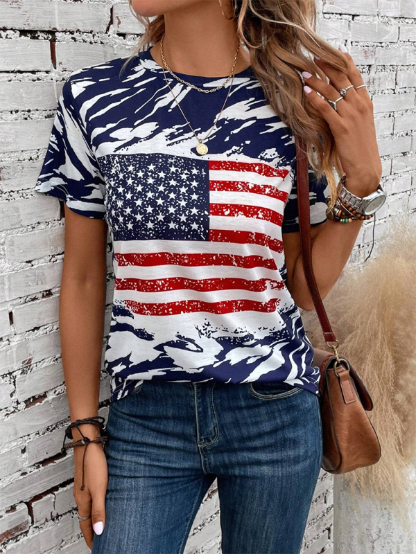 New American Independence Day Women's Flag Printed Round Neck Casual Short Sleeve T-Shirt.