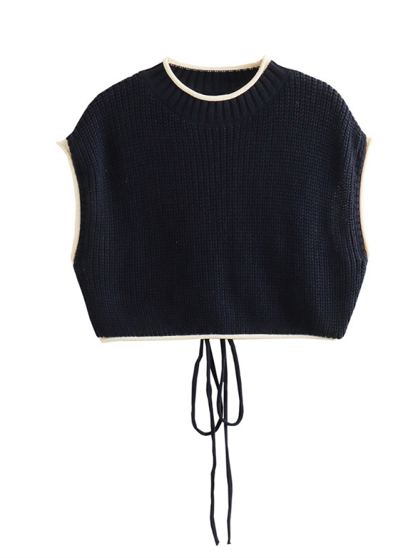 New women's fashionable round neck back opening design knitted sweater vest.