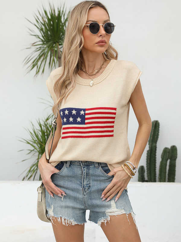 New Independence Day Round Neck Flag Knit Short Sleeve Sweater.