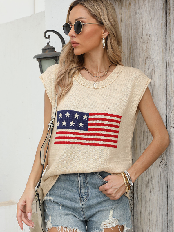 New Independence Day Round Neck Flag Knit Short Sleeve Sweater.