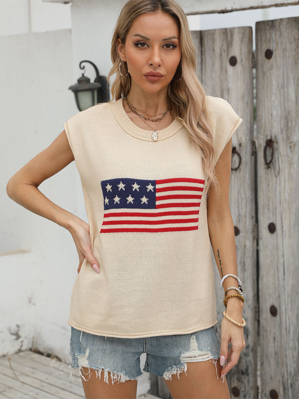 New Independence Day Round Neck Flag Knit Short Sleeve Sweater.