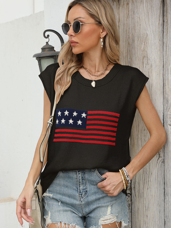 New Independence Day Round Neck Flag Knit Short Sleeve Sweater.