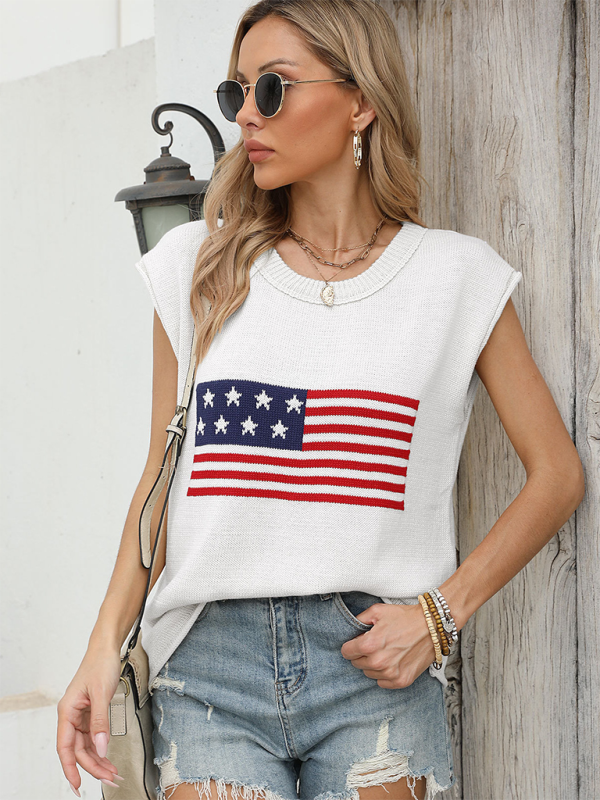 New Independence Day Round Neck Flag Knit Short Sleeve Sweater.