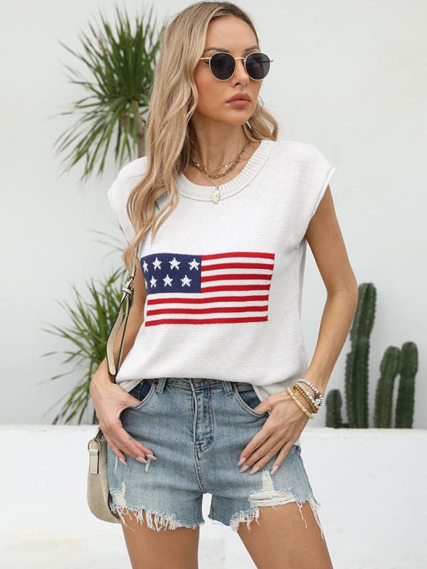 New Independence Day Round Neck Flag Knit Short Sleeve Sweater.