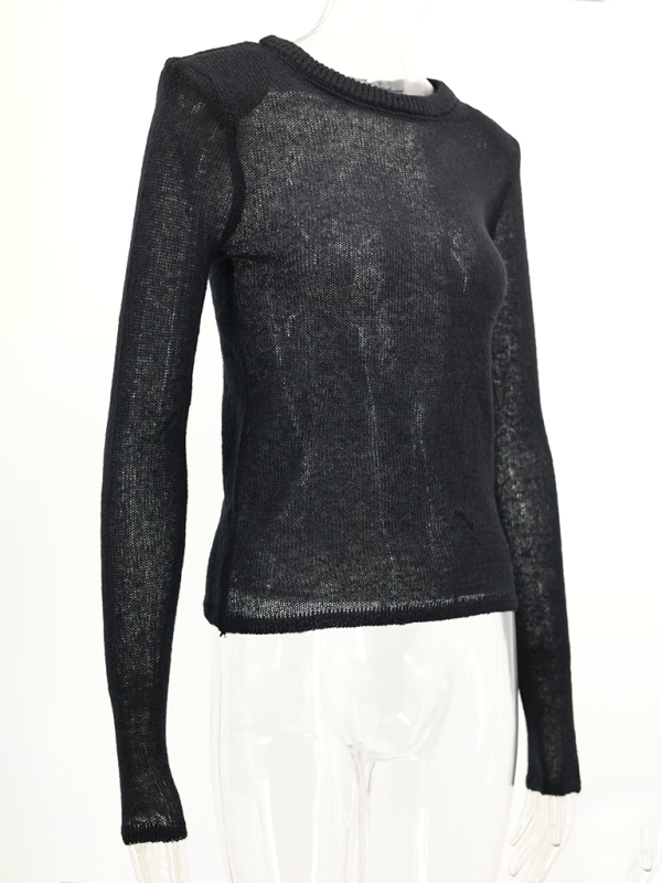 Hollow Knit Sweater Solid Color Casual Long Sleeve Top.