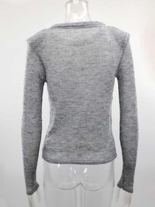 Hollow Knit Sweater Solid Color Casual Long Sleeve Top.