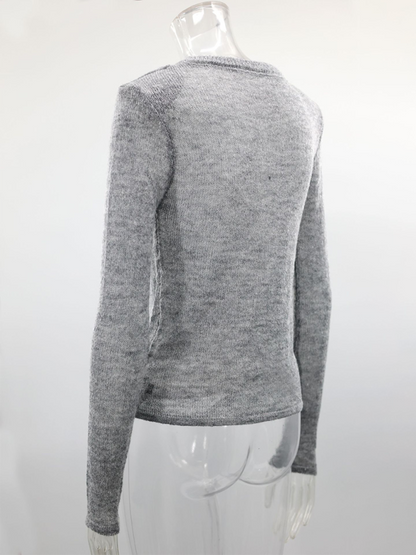 Hollow Knit Sweater Solid Color Casual Long Sleeve Top.