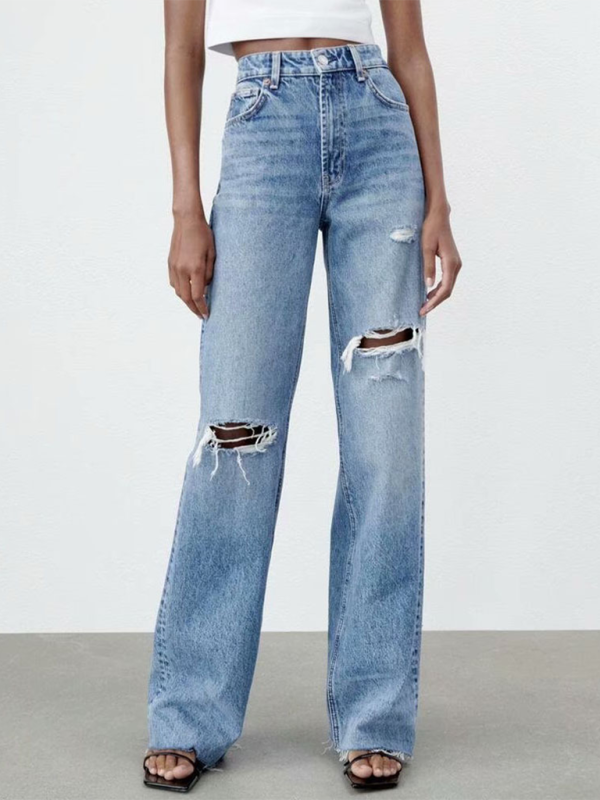 High waist ripped blue wide-leg jeans - Love Salve 