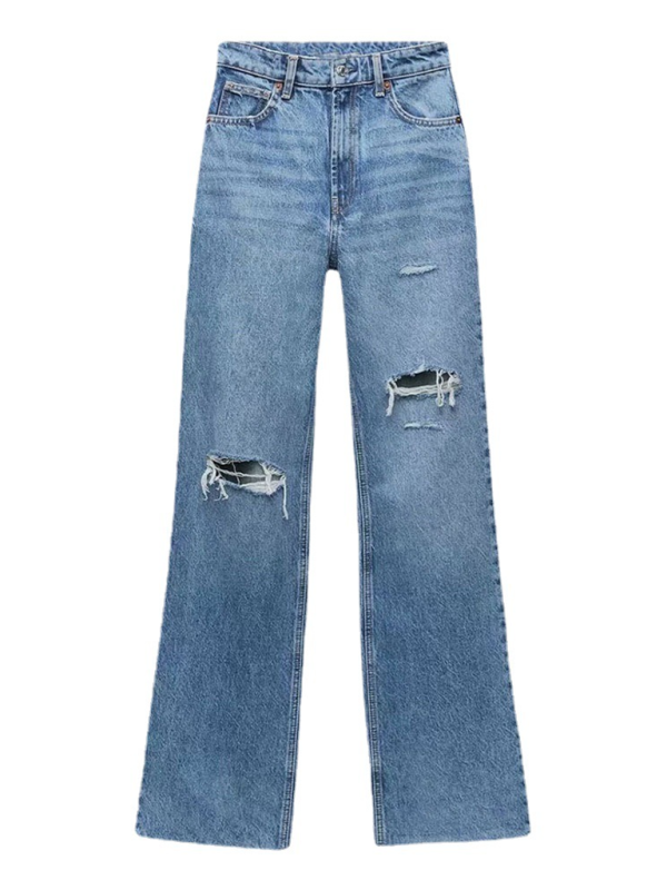 High waist ripped blue wide-leg jeans - Love Salve 