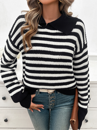 Women's Striped Lapel Sweater