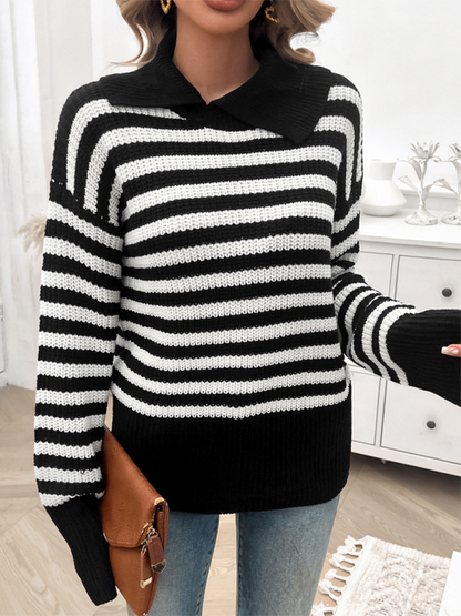 Women's Striped Lapel Sweater