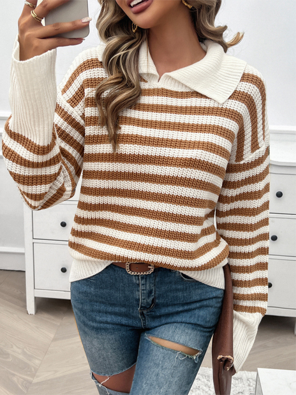 Women's Striped Lapel Sweater