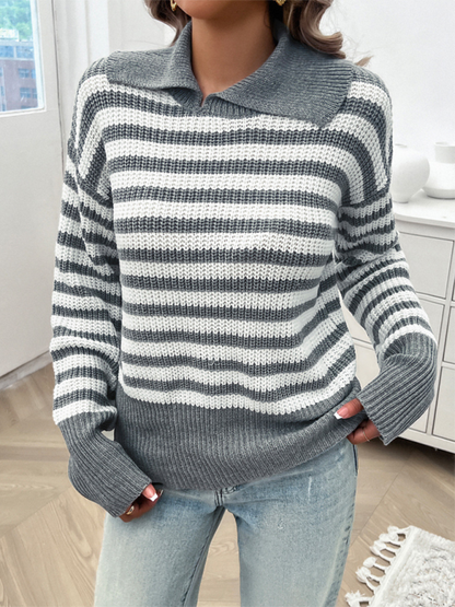 Women's Striped Lapel Sweater