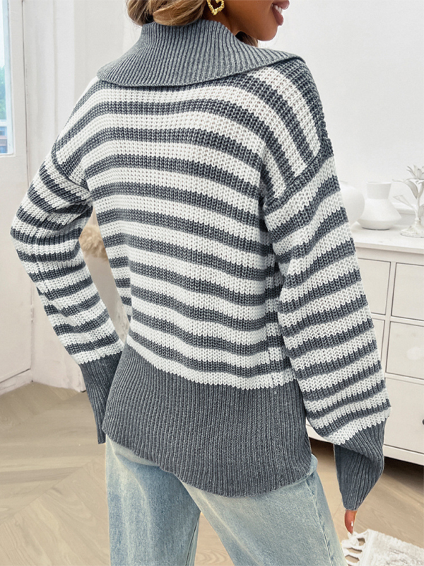 Women's Striped Lapel Sweater