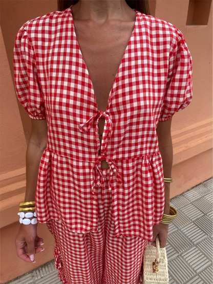 Plaid V-neck knotted loungewear set