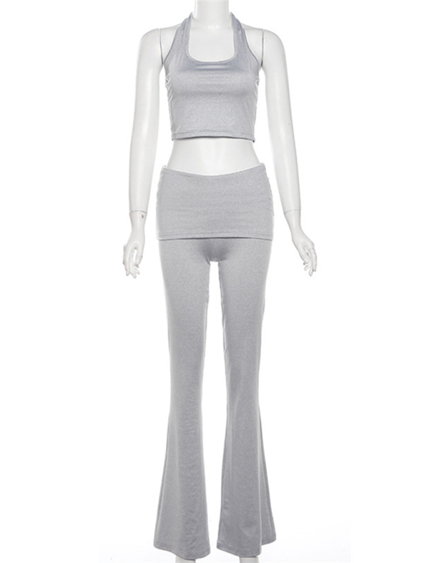 Chic halter neck crop top and flared pants set in solid color with slight elasticity for four seasons wear.