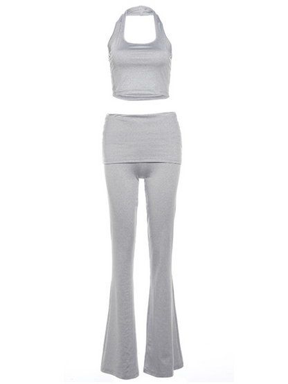 Chic halter neck crop top and flared pants set in solid color, four-season wear.