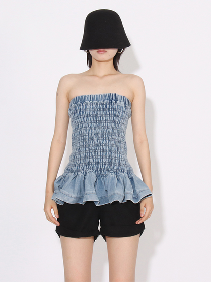 Stylish Ruffled Denim Top, S-XL