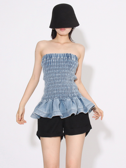 Stylish Ruffled Denim Top, S-XL